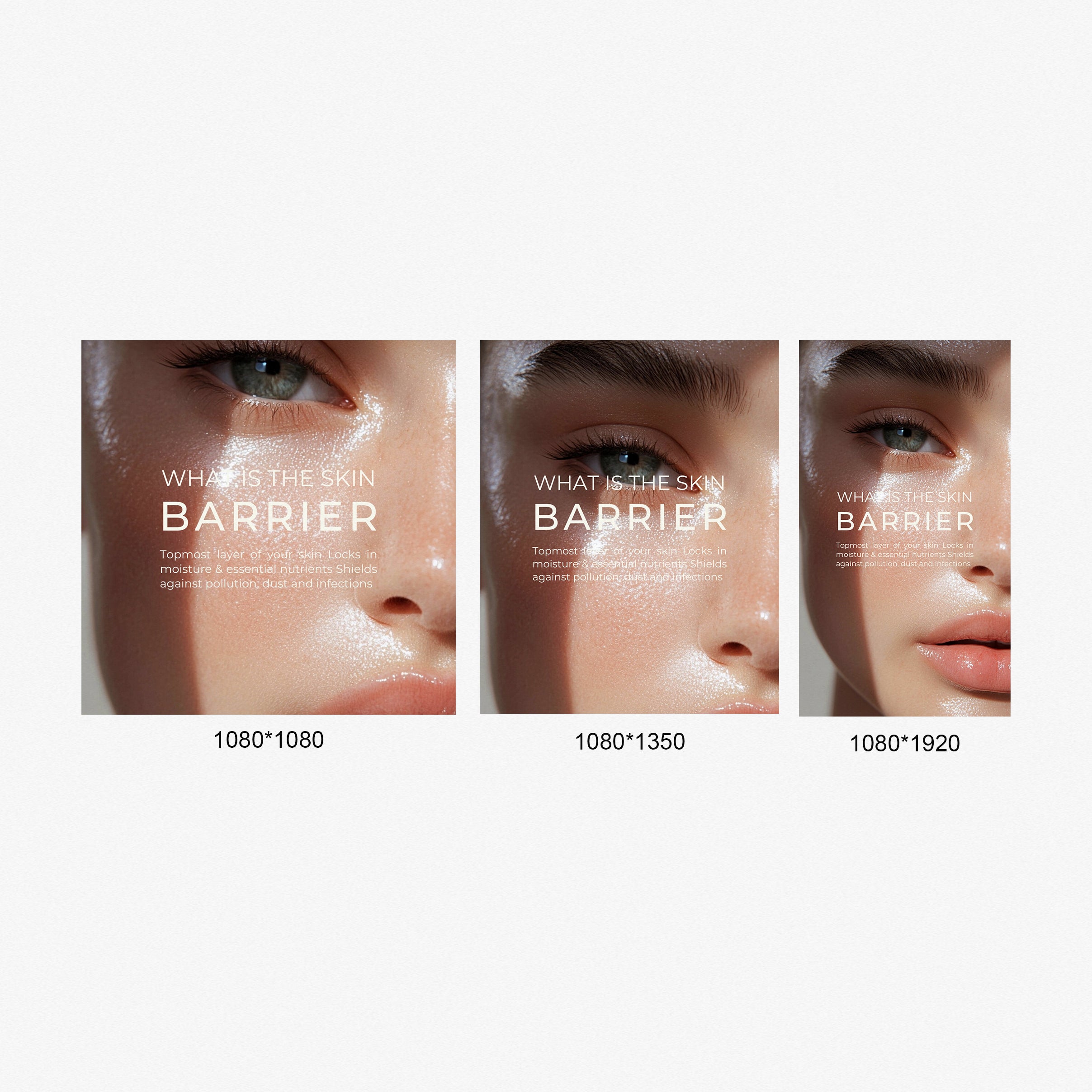 Three aesthetic skincare Canva templates showing ‘What Is the Skin Barrier’ designs in 1080×1080, 1080×1350, and 1080×1920 formats, created for Instagram posts, feed graphics, and story content.