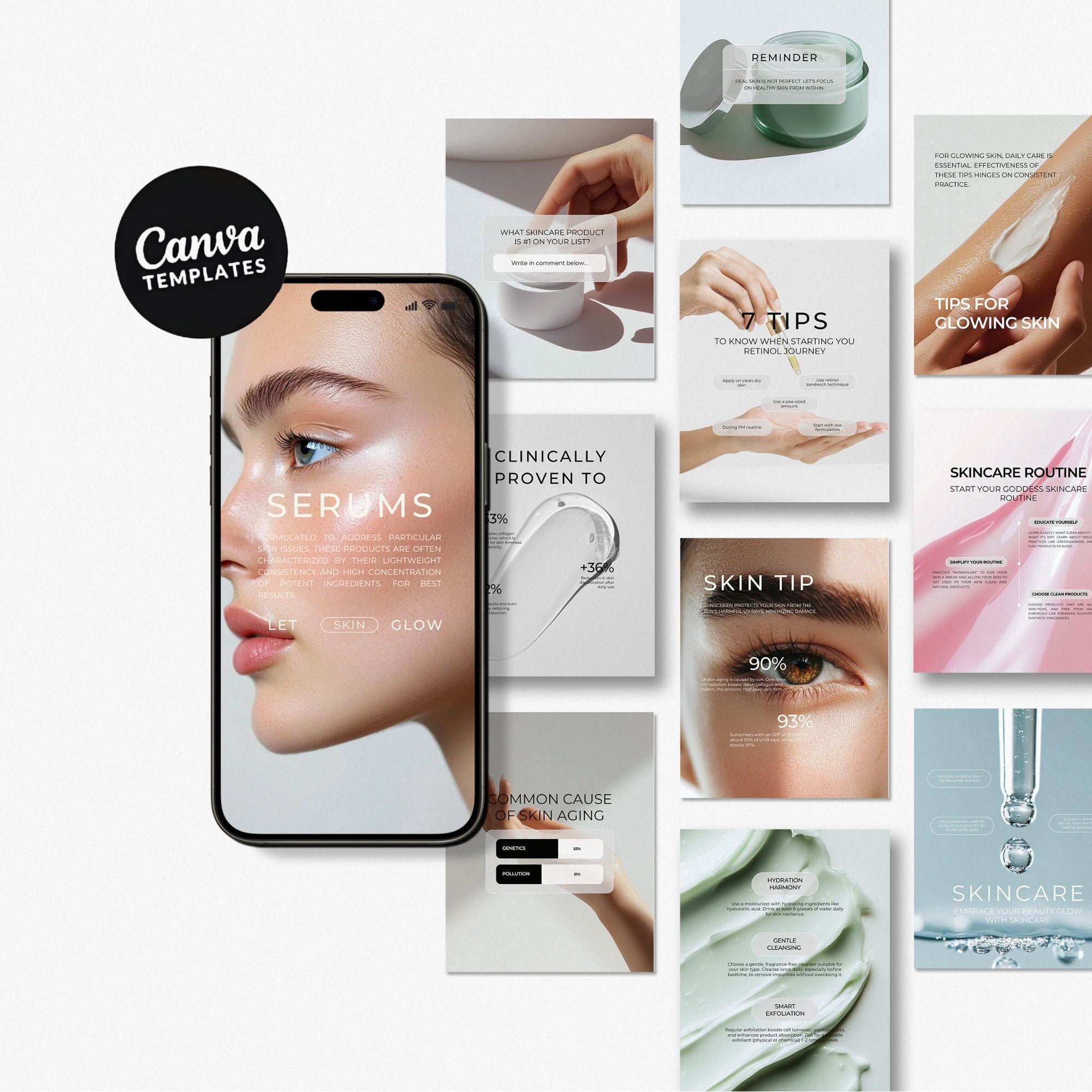 Preview of 100 Skincare Instagram Canva Templates featuring aesthetic serum, skincare routine, ingredient tip, and beauty graphics designed for e-commerce brands.