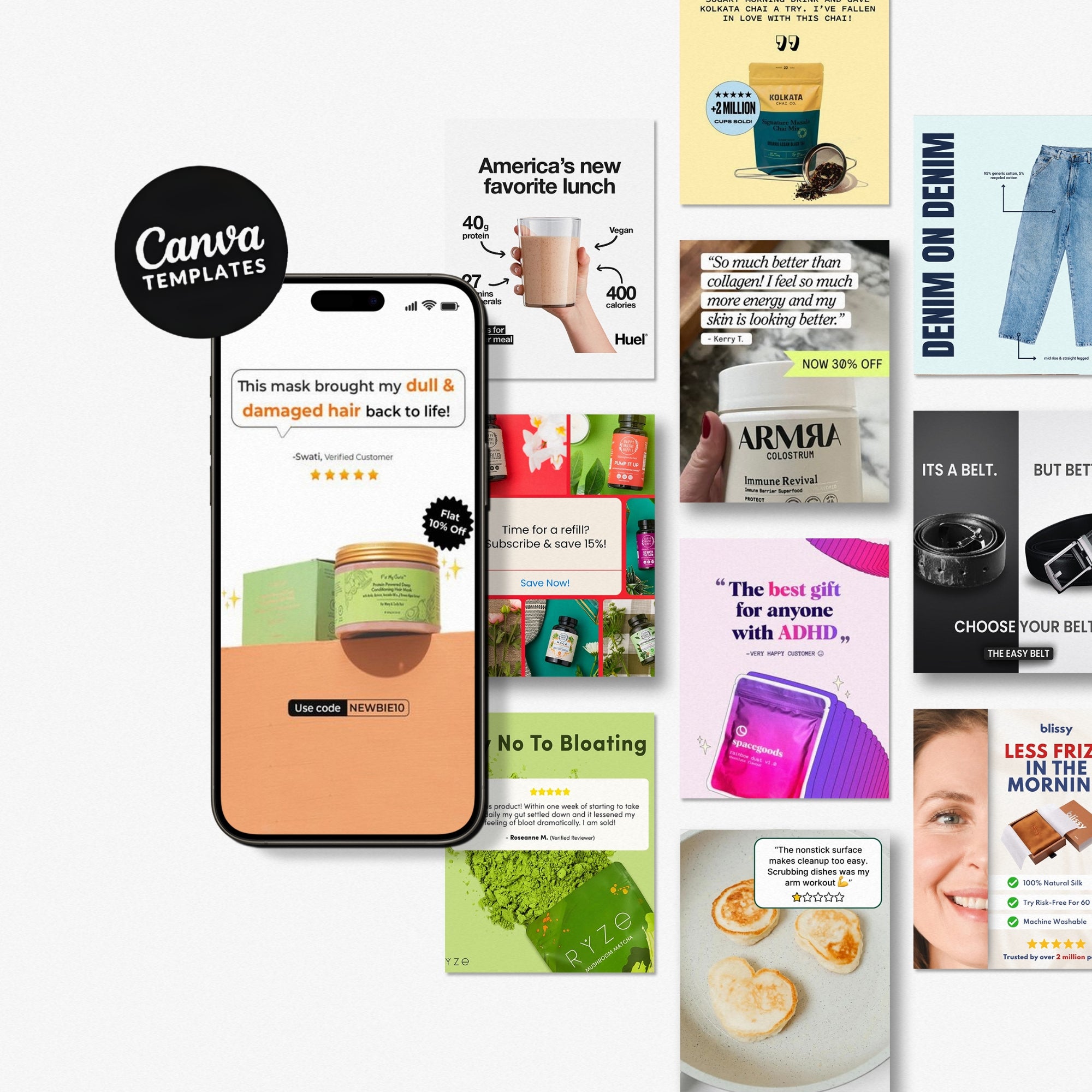 Collage of high-performing Canva ad templates for e-commerce brands, showing product reviews, UGC-style creatives, offer banners and lifestyle visuals—part of a 400+ editable Meta ad template pack.