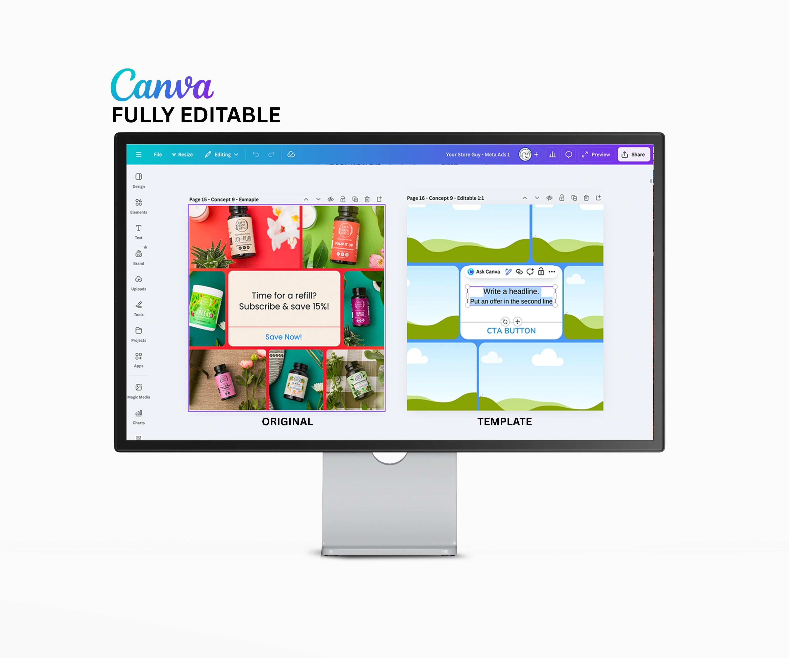 Editable Canva ad templates shown in the Canva editor, displaying the original ad creative on the left and the customizable template version on the right, designed for high-converting ecommerce ads.