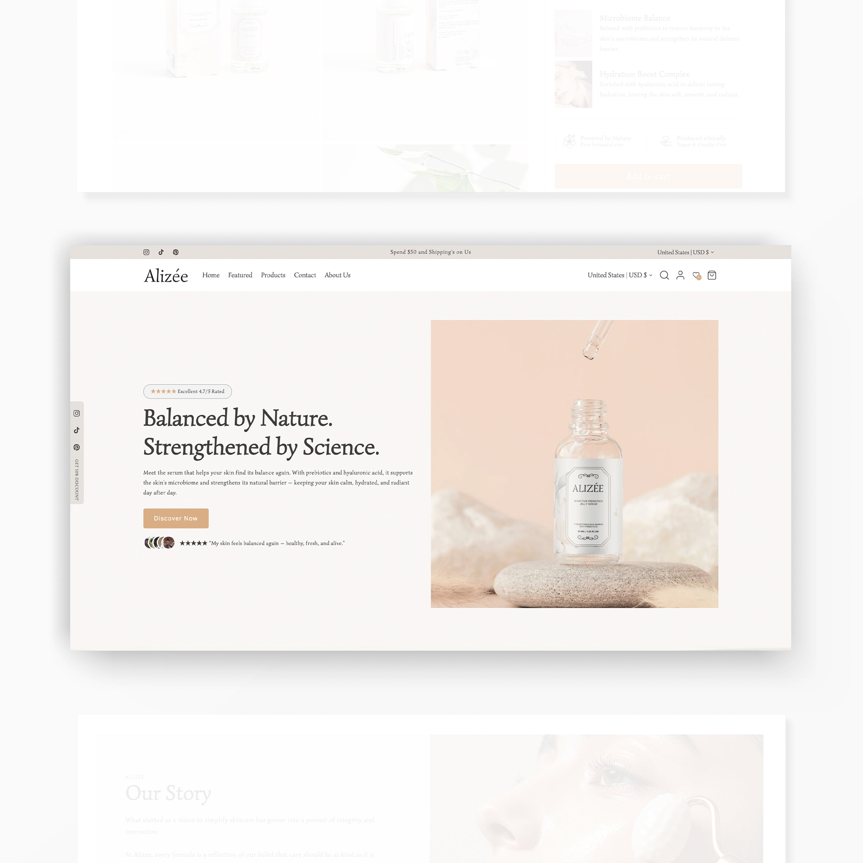 Alizee skincare product on a website homepage with branding and product display.