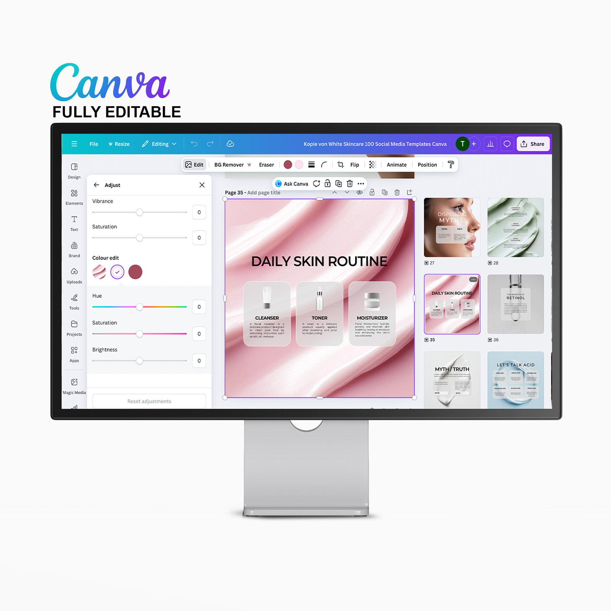 Canva interface displaying editable skincare Instagram template with soft pink background and routine icons on a desktop monitor — part of a customizable 100-template skincare pack for social media.