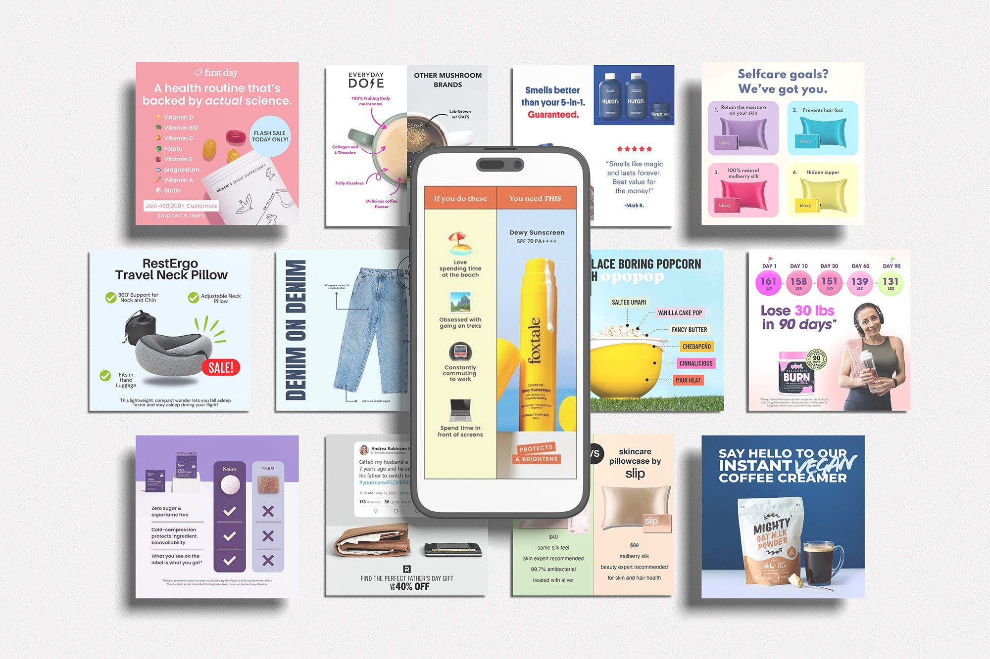 Preview grid of multiple Meta ad-style Canva templates from the “400+ High-Performing Canva Ad Templates” kit, showing product shots, UGC-style creatives, benefit highlights, lifestyle images, and proven ad layouts across diverse niches.