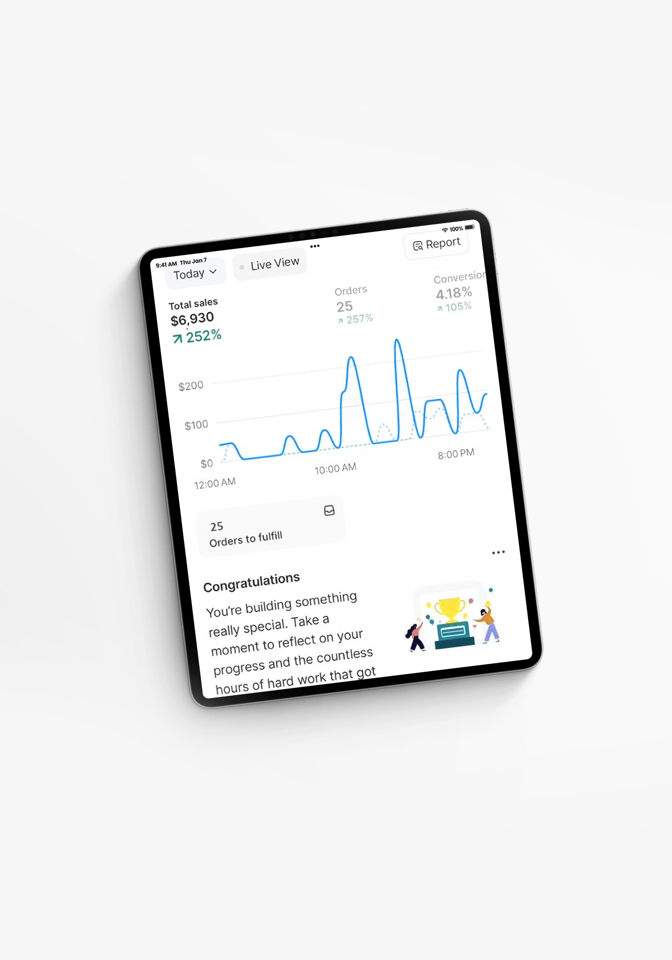tablet displaying a shopify dashboard revenue chart on a white background