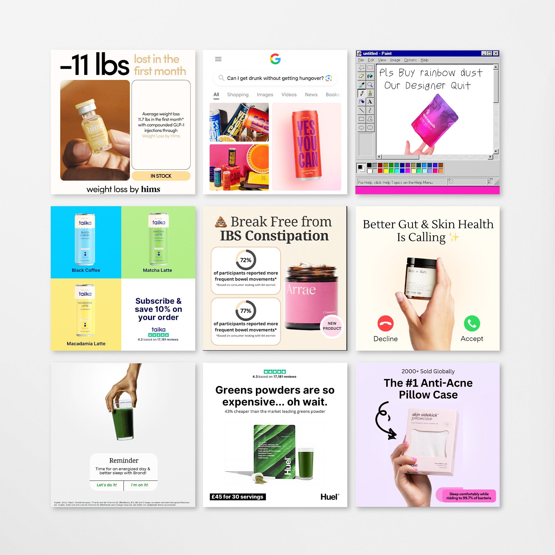 Collage of nine high-performing Canva ad templates for e-commerce brands, featuring weight-loss, supplements, beverages, beauty, and anti-acne products. Fully editable Meta and Instagram ad designs optimized for conversions.