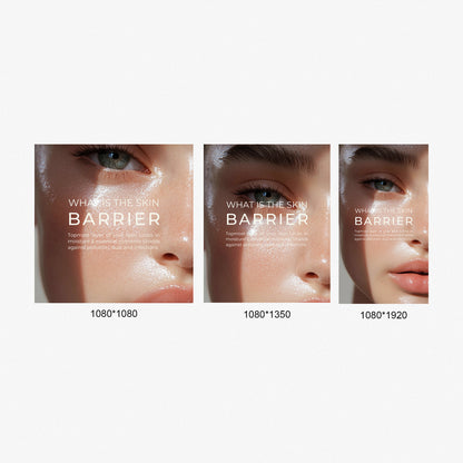 Three aesthetic skincare Canva templates showing ‘What Is the Skin Barrier’ designs in 1080×1080, 1080×1350, and 1080×1920 formats, created for Instagram posts, feed graphics, and story content.