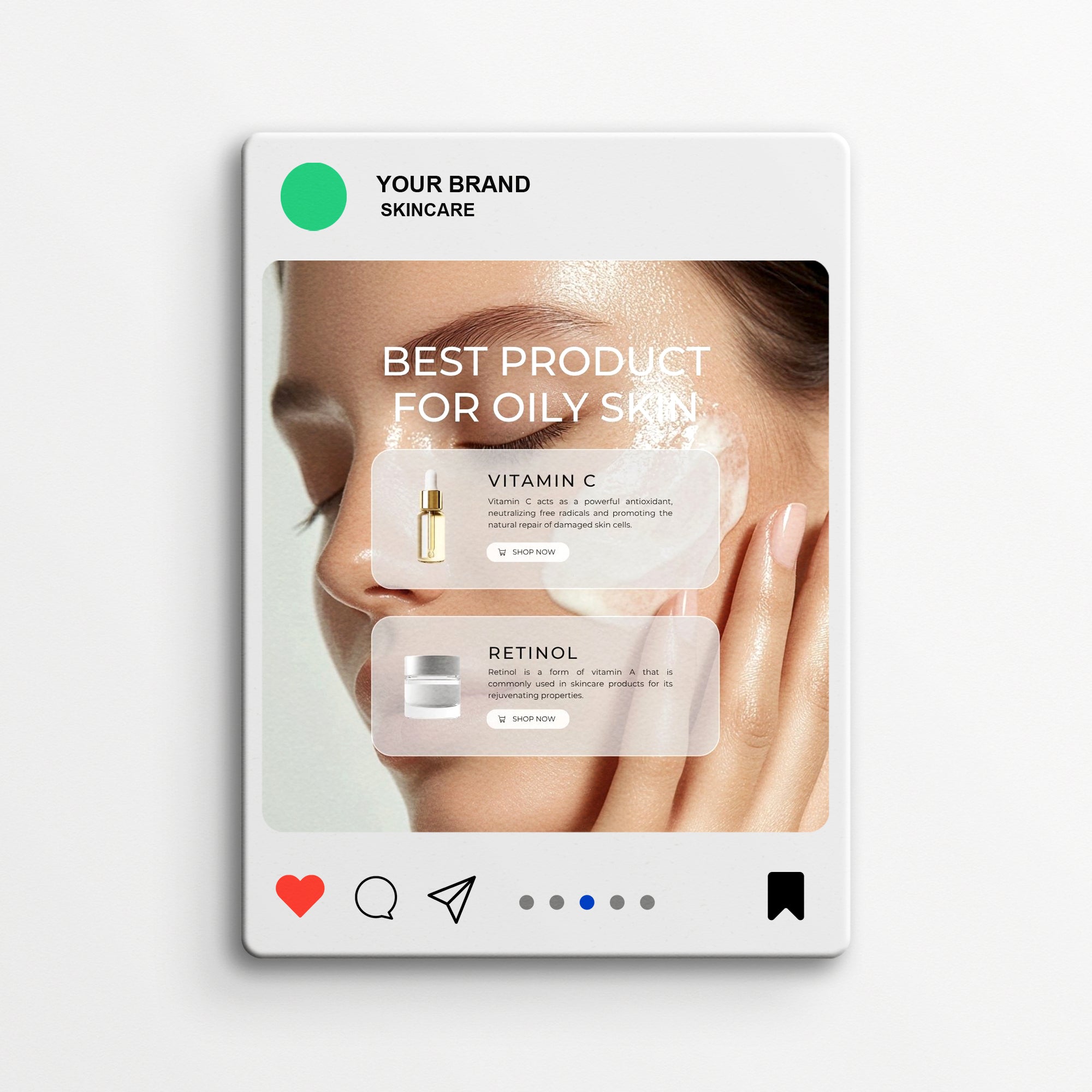 Editable Canva skincare Instagram template mockup showcasing product-focused promotional post layouts for beauty brands, featuring vitamin C and retinol highlights.