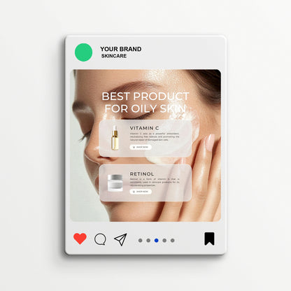 Editable Canva skincare Instagram template mockup showcasing product-focused promotional post layouts for beauty brands, featuring vitamin C and retinol highlights.