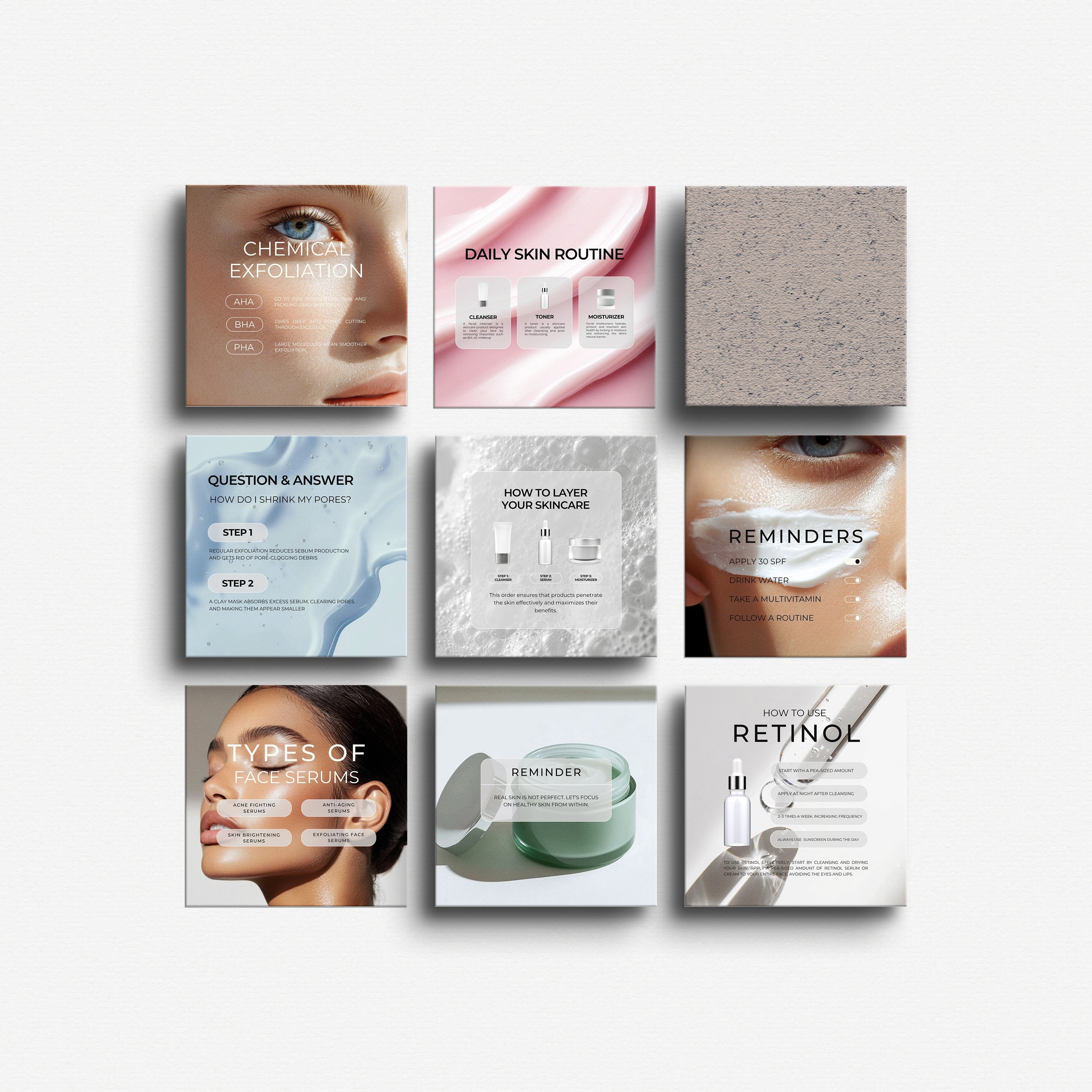 Grid of 9 editable Canva skincare Instagram templates featuring product tips, routines, ingredient education and aesthetic beauty graphics — part of the 100 Skincare Instagram Templates pack.