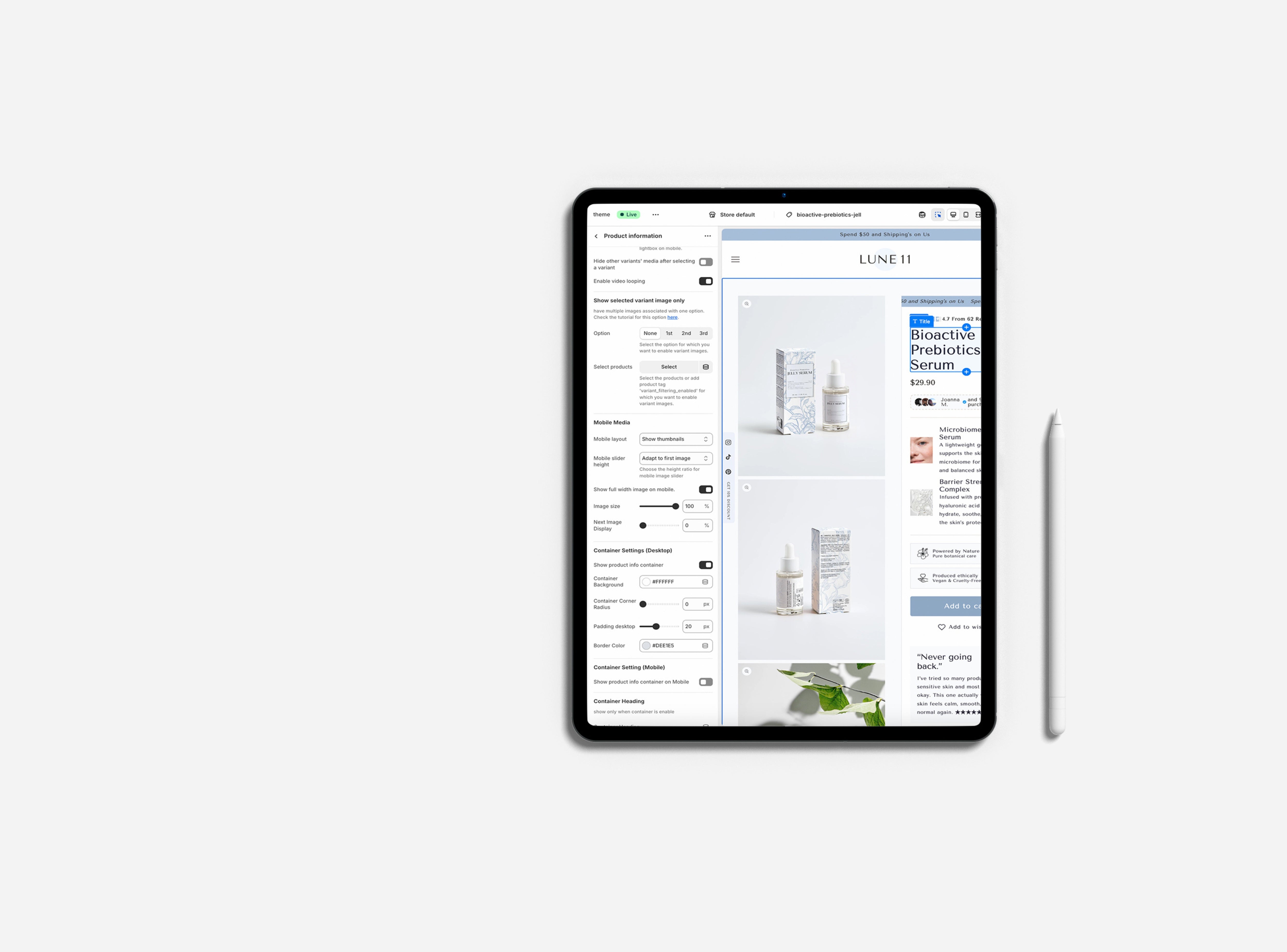 Tablet displaying a shopify store editor mode on a white background