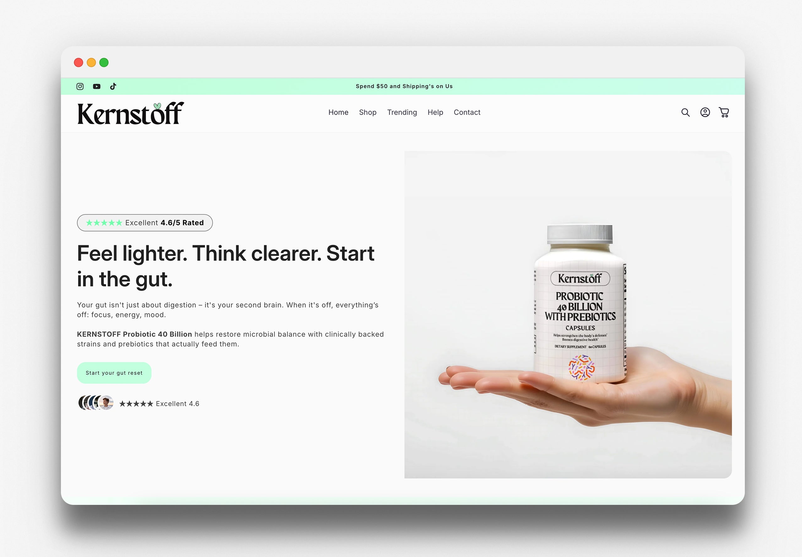 Kernstoff supplement bottle held in a hand with website interface in the background