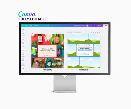 Editable Canva ad templates shown in the Canva editor, displaying the original ad creative on the left and the customizable template version on the right, designed for high-converting ecommerce ads.