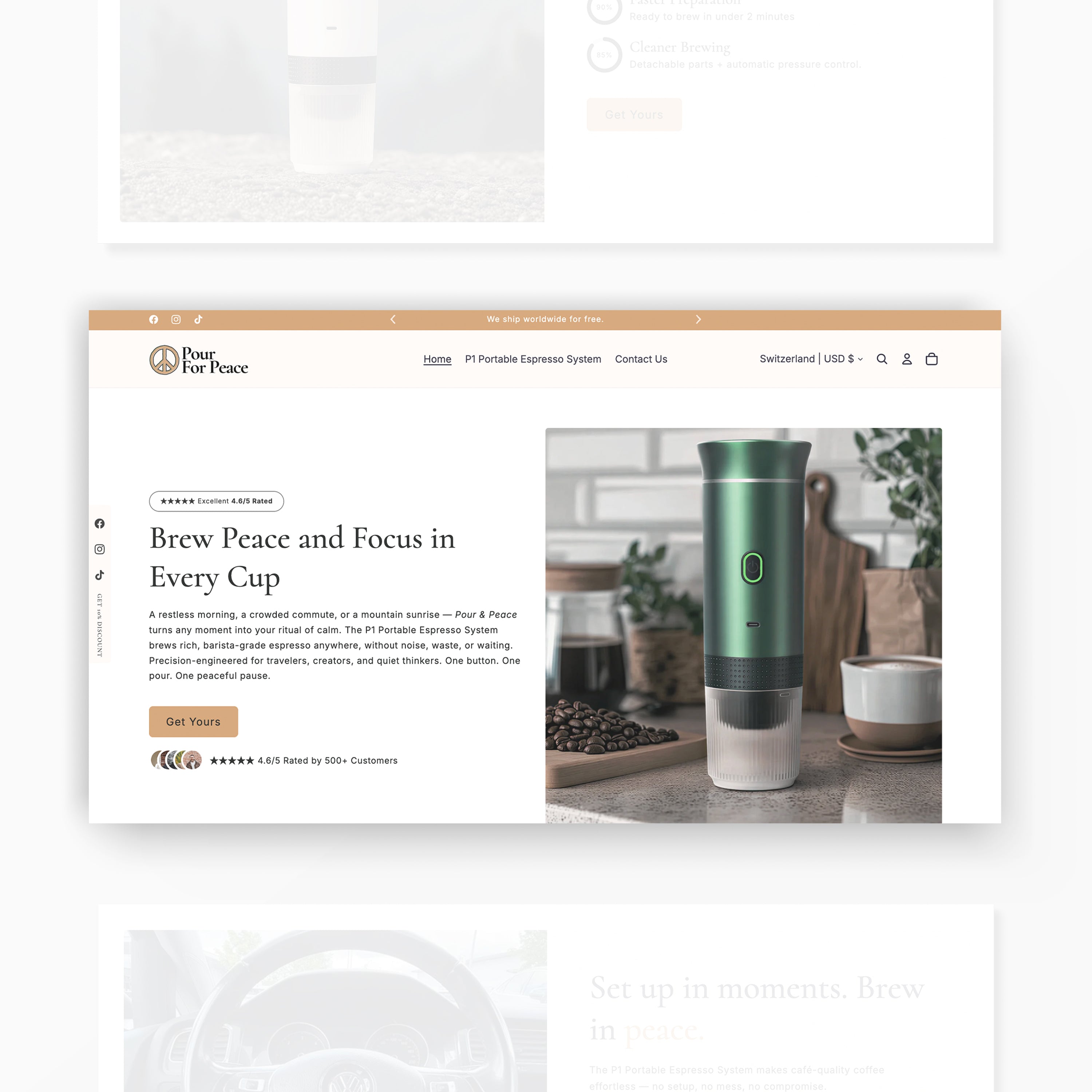 Website page for a coffee product with a green and white device on a table.