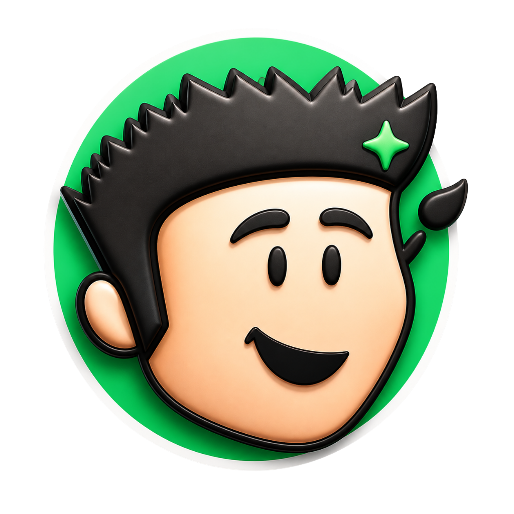 Cartoon character with a black spiky hairstyle and green circle on a white background