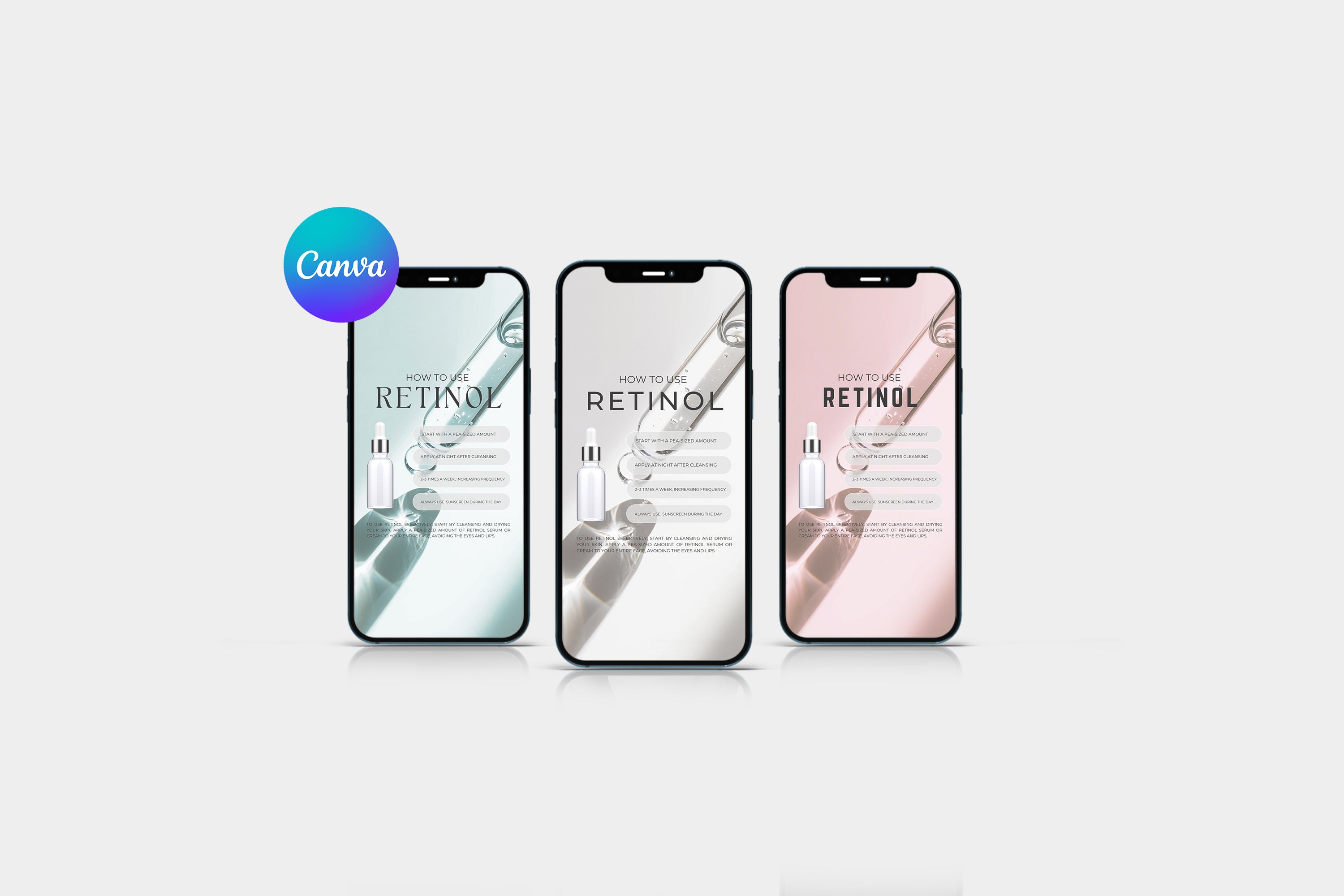 Three editable skincare Instagram templates displayed on smartphone mockups, Canva design showing retinol product tutorial layouts.