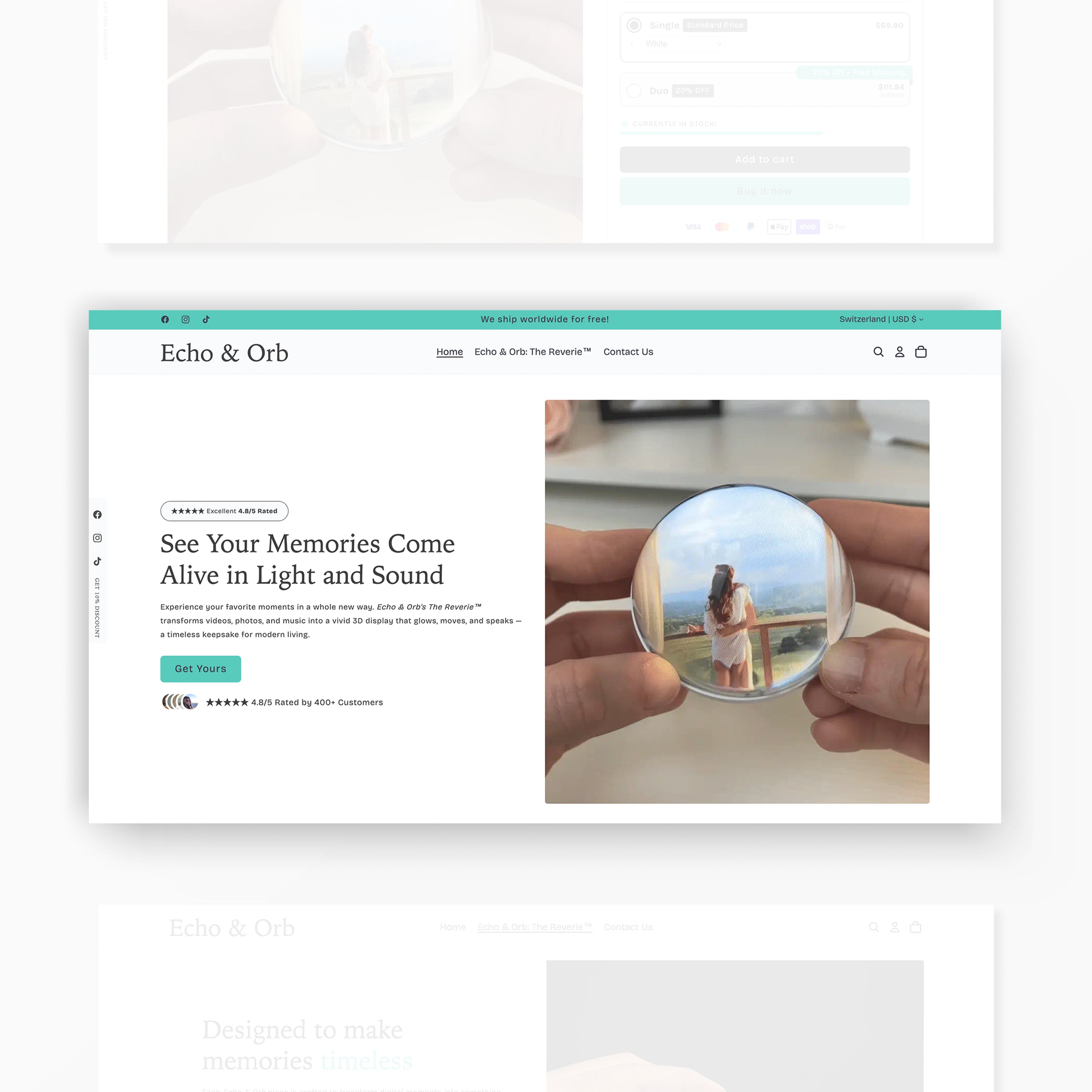 Website page for Echo & Orb with a product image of a spherical device.