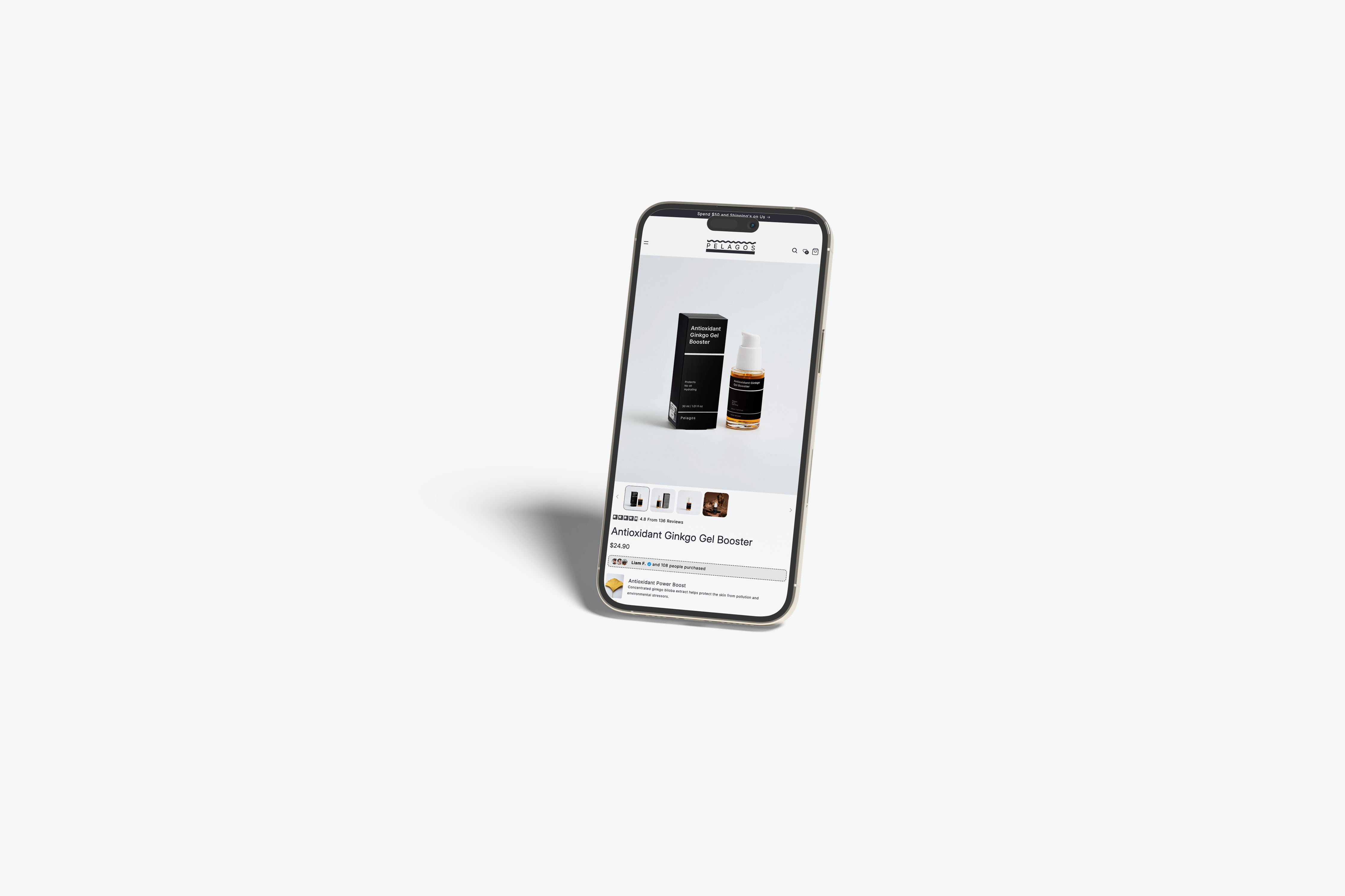 Smartphone displaying a ready made shopify product page on a white background
