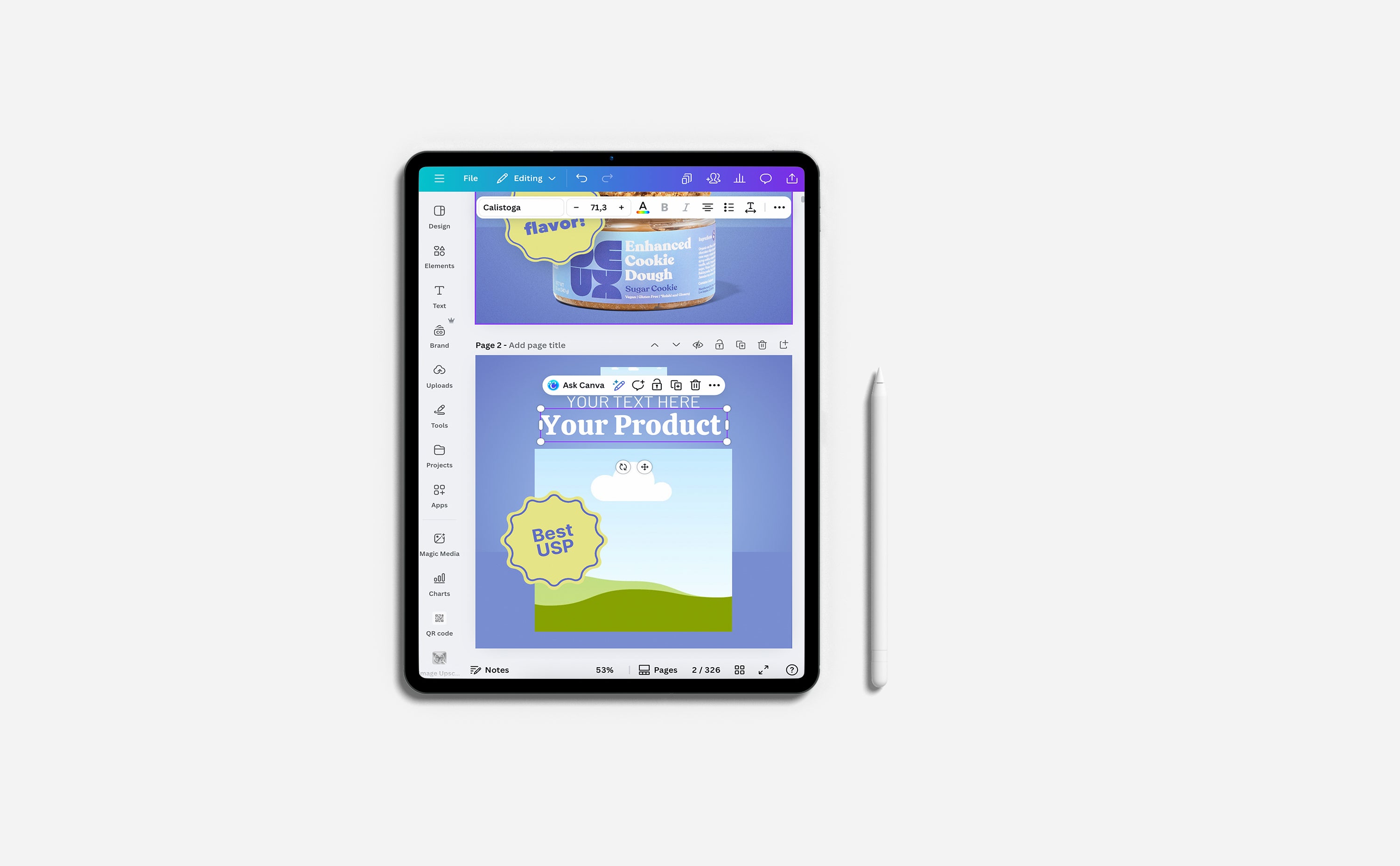 Tablet screen showing an editable ad template inside Canva, demonstrating how users can customize high-performing product ad designs by changing text, colors, and graphics.