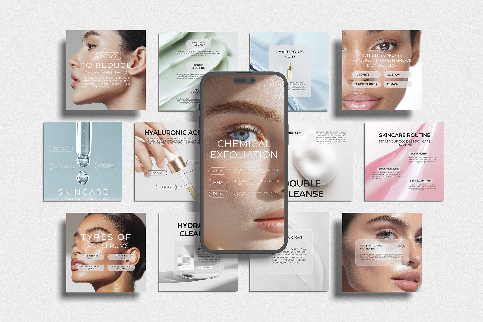 Preview of 100 customizable skincare Instagram Canva templates including educational posts, product features, ingredient breakdowns, and beauty tips, shown in modern minimal design.