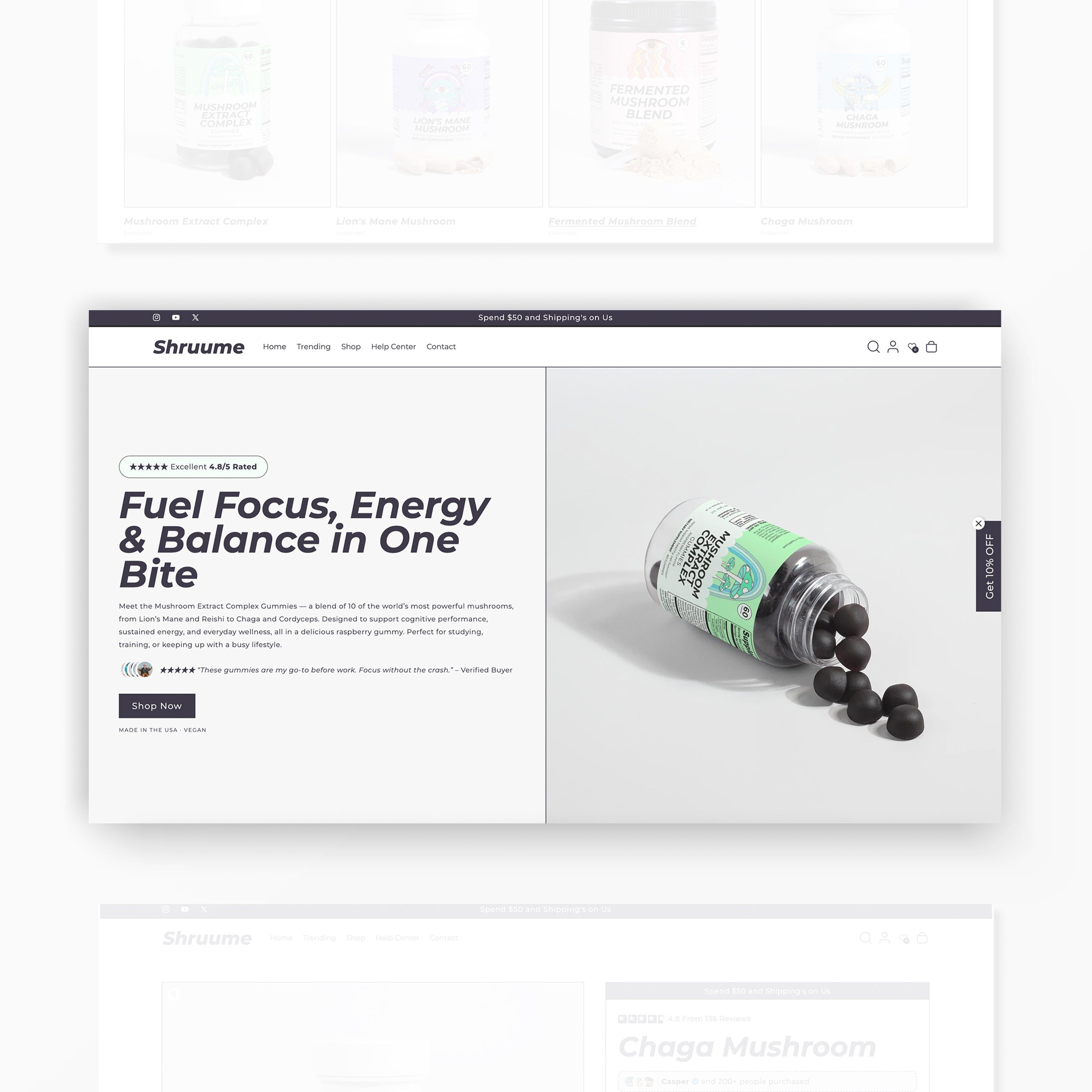 Website page for Shruume with a product image and text on a white background
